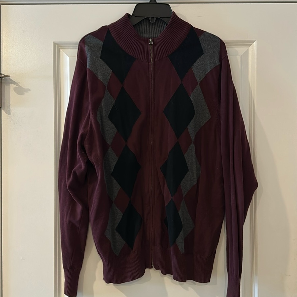 Dockers Mens Cardigan Preppy Argyle Knit Full Zip Sweater XL maroon black gray